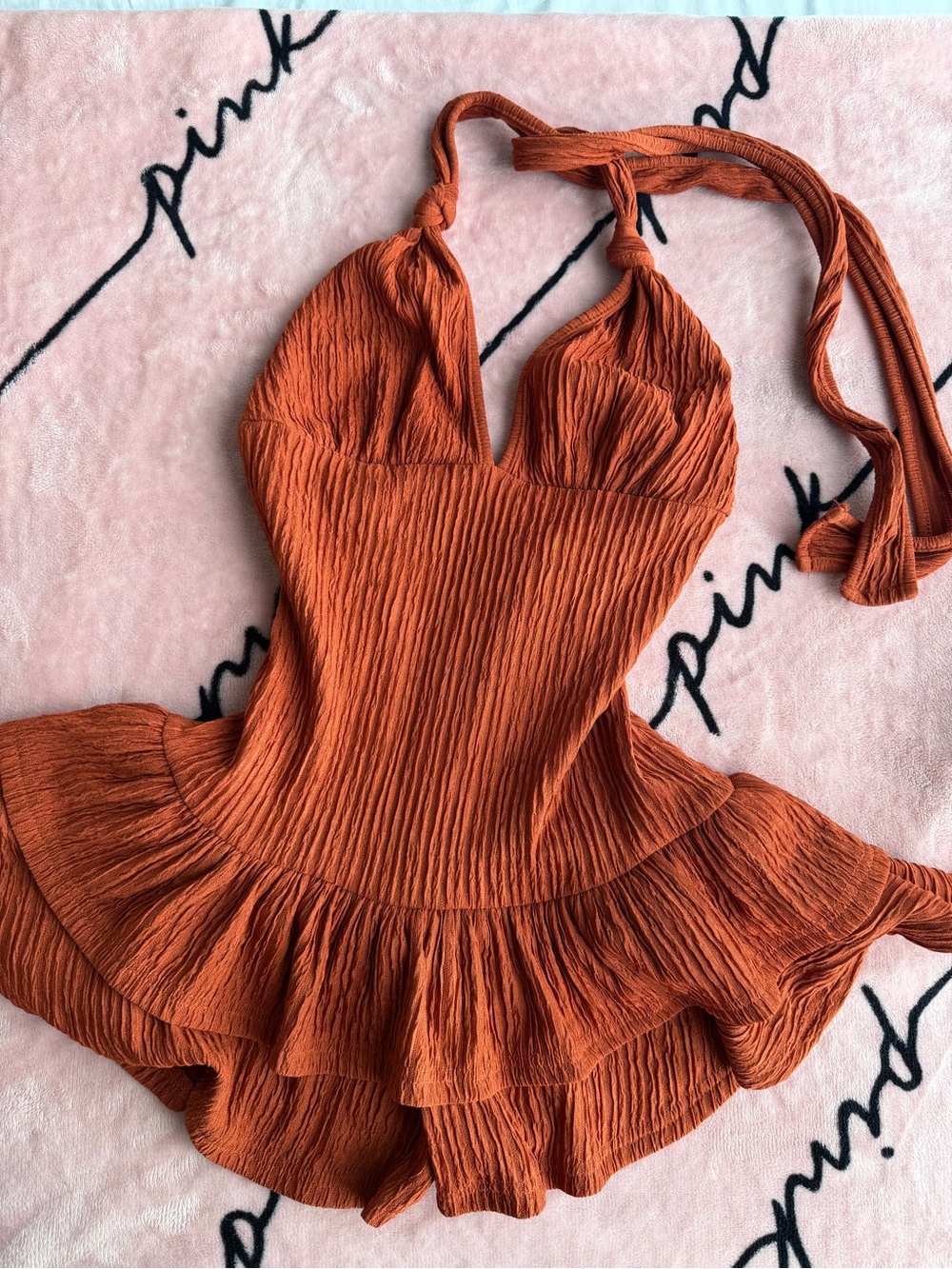 Rust Orange Halter Ruffle Romper - Picture 2 of 8